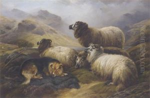 Sheep By A Loch In A Highland Landscape by Robert F. Watson