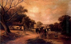 Landscape With Figure, Horses Watering And A Dog Playing In A River