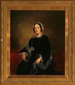Portrait Of A Woman In A Black Dress And Lace Bonnet, Sitting In A Chair Next To A Table With A Red Table Cloth