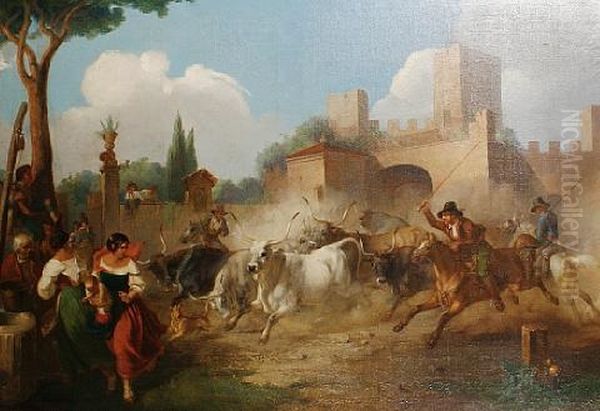 Butteri With Oxen Before A Roman Castle - view 1
