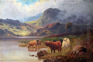 Long Horn Cattle At Water In A Misty Highland Landscape