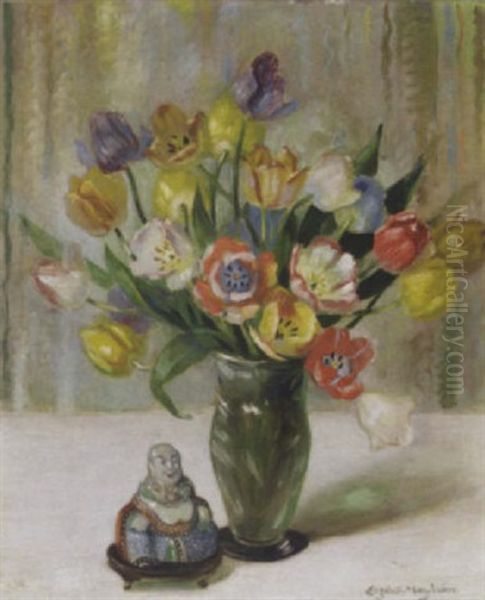 Tulips In A Glass Vase, With A Budha On A Table - view 1
