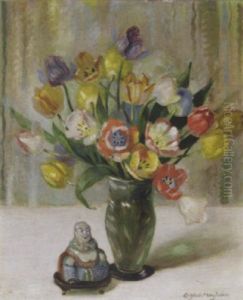 Tulips In A Glass Vase, With A Budha On A Table