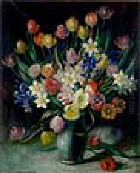 Tulips, Daffodils And Irises In A Green Vase - view 1