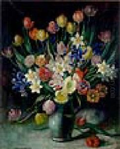 Tulips, Daffodils And Irises In A Green Vase Tulips, Daffodils And Irises In A Green Vase
