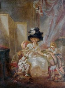 Une Femme Et Ses Deux Enfants Se Disputant Un Fruit by Francois Louis Joseph Watteau