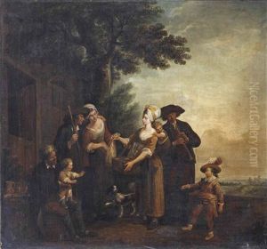 A Pastoral Scene With A Merchant Family Presenting Goods To A Family Outside A House by Louis-Joseph Watteau