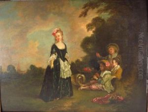 Woman With Three Young Boys And A Dog At Right by Louis-Joseph Watteau