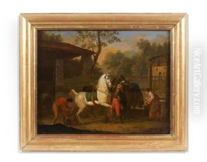 Un Hussard Abreuvant Son Cheval A Une Halte by Louis-Joseph Watteau
