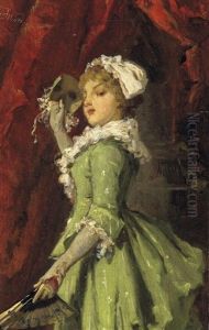 Die Maskarade. Festlich Gekleidete Junge Dame Mit Facher Und Maske by Joseph Watter