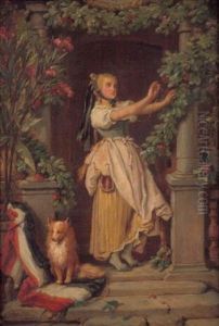 In Erwartung - Junge Frau Den Eingang Des Hauses Mit Girlanden Und Der Trikolore Schmuckend by Joseph Watter
