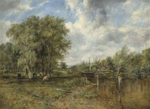 A Wooded Landscape With A Cattle And Cottage Beyond by Frederick Waters Watts