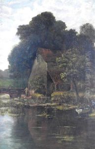 Country Folk Beside A Rustic Mill Overlooking A Pond by Frederick Waters Watts