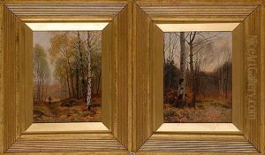 After Evening In A Welsh Wood And Birch Trees In Autumn (pair) by James Thomas Watts