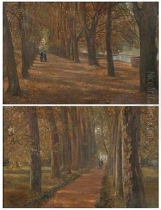Couple Walking Tree Lined Path (+ Another, Similar; 2 Works) by James Thomas Watts