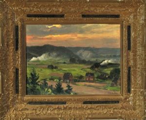 Weite Landschaft Mit Hofen An Bestellten Feldern Und Einer Dampfenden Eisenbahn Im Abendrot