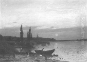 Moored Boat At Sunset by Carl Watzelhan