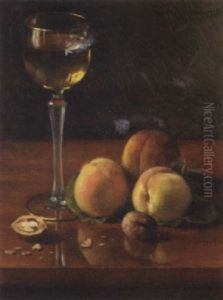 A Still Life With A Glass Of Wine, Peaches And Walnuts On A Table by Carl Watzelhan