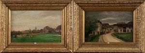Paysage Aux Vaches Et Ruelle De Village Animee (pair) by Camille Wauters
