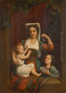 Jeune Romaine Apprenant A Faire Des Bulles A Ses Enfants by Charles Augustin Wauters