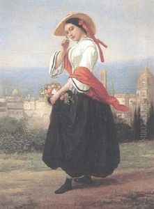 Ung Kvinna Med Blomsterkorg, Utsikt Over Florens by Charles Augustin Wauters