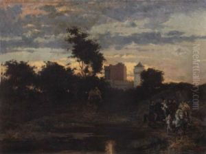 A View Of A Medieval Castle With Figures At Dusk by Emile Charles Wauters