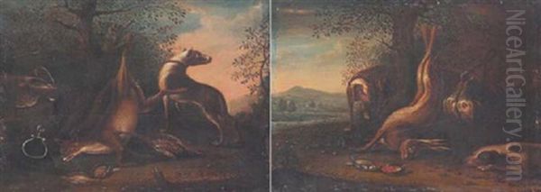 Jagdstilleben: Erlegter Hase Un Vogel Am Waldboden, Von Zwei Jagdhunden Bewacht - view 1