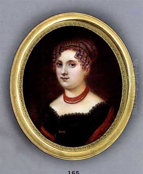 A Young Lady, In Lace-bordered Black Dress, Think Black Belt Fastened With Gold And Coral Set Clasp. Floral Embroidered Red Cashmere Stole Draped Around Her Shoulders, Four-strand Coral Necklace - view 1