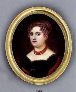 A Young Lady, In Lace-bordered Black Dress, Think Black Belt Fastened With Gold And Coral Set Clasp. Floral Embroidered Red Cashmere Stole Draped Around Her Shoulders, Four-strand Coral Necklace