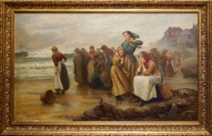 Fisherfolk Waiting On A Shore With A Harbour And Village Beyond