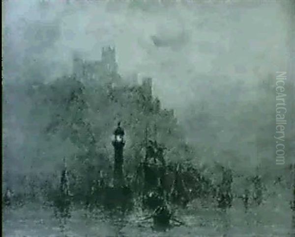 Numerous Sailing Vessels In The Harbour At Whitby By Moonlight - view 1