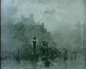 Numerous Sailing Vessels In The Harbour At Whitby By Moonlight by George Weatherill