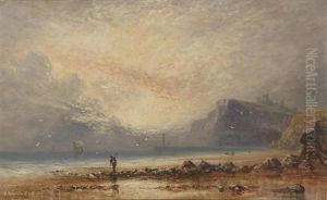 Pecheur Sur La Greve Et Coucher De Soleil