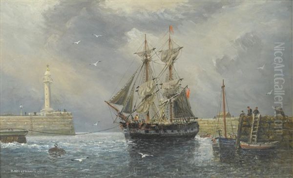 Fishing Boat Entering Whitby Harbour With Figures On A Quayside - view 1