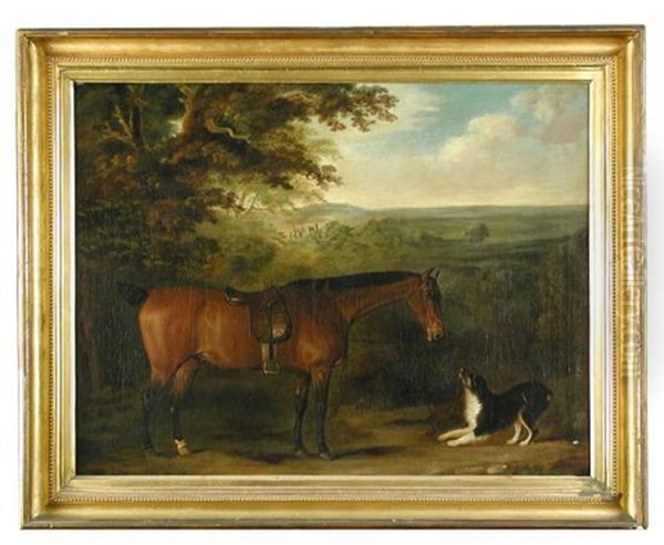A Saddled Bay Hunter With A Collie Holding The Reins, In A Landscape - view 1