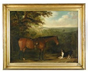 A Saddled Bay Hunter With A Collie Holding The Reins, In A Landscape A Saddled Bay Hunter With A Collie Holding The Reins, In A Landscape