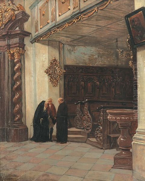 Kircheninterieur Mit Nonne, Monch Und Vornehmen Herrn Im Gesprach - view 1