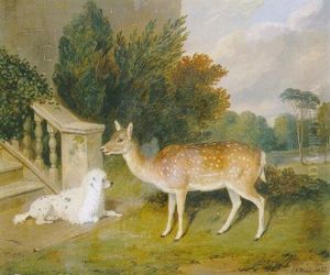 A Favourite Doe With A Poodle In A Park by Edward Webb
