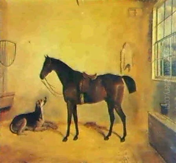 A Saddled Mare And A Dog In A Stable, A Country House Seen Through The Window - view 1