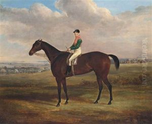 Bay Racehorse With Jockey Up, With A Pavilion Beyond by William Webb