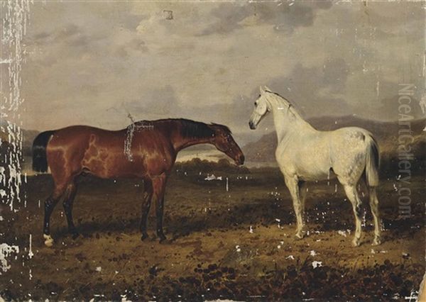 A Dappled Grey And A Bay Hunter In An Extensive Landscape With A River Beyond - view 1