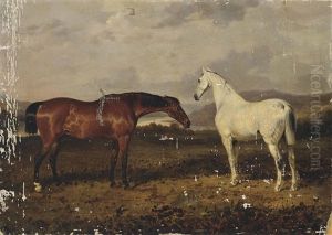 A Dappled Grey And A Bay Hunter In An Extensive Landscape With A River Beyond