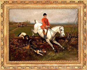 A Fox Hunting Scene With Dogs In Pursuit And A Horse And Rider Jumping A Wall by William Webb