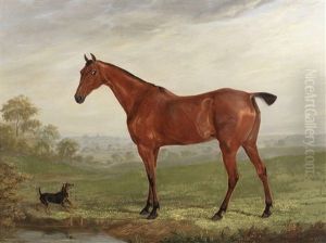 A Chestnut Horse In A Landscape With Terrier