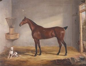A Bay Horse In A Stable With Dog A Bay Horse In A Stable With Dog