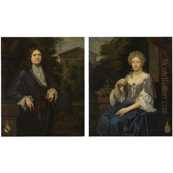 Portrait Of Gerard Beeldsnijder Standing, Wearing A Brown Robe With A White Chemise, In A Garden Landscape, Next To A Sculpted Vase (+ A Portrait Of His Wife, Johanna De Penijn, Seated, Wearing A Blue - view 1