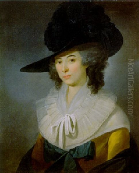 Portrait Of Mrs William Bligh, In A Yellow Dress With A Blue Bow And Lace Collar, A Blue Hat And Shawl - view 1
