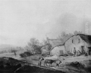 Landscape With A Drover And Cattle Passing Cottages by John Webber