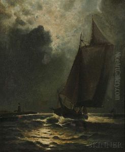 Moonlit Sail With Distant Lighthouse by Elbridge Wesley Webber