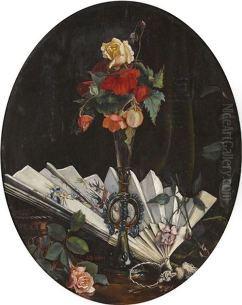 Stillleben Mit Rosen Und Facher - view 1